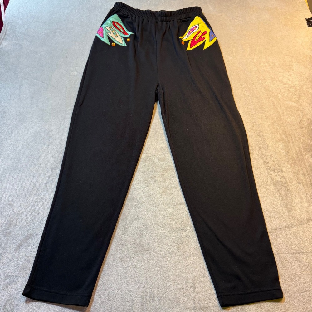 Vintage 80s Art to Wear Embellished Knit Pants Black Abstract Applique M comfort